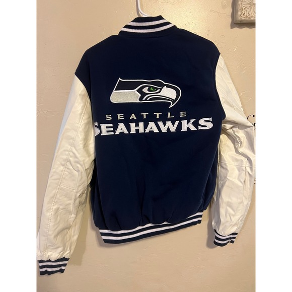 NFL Seattle Seahawks Reversible Fleece Jacket PVC Sleeves Size S 2 front logos - Picture 7 of 14